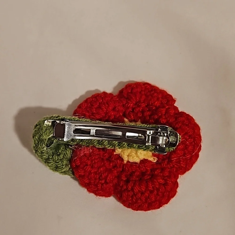 Hand Crafted hand knit crochet rose flower Red & yellow hair barrete clip TikTok
